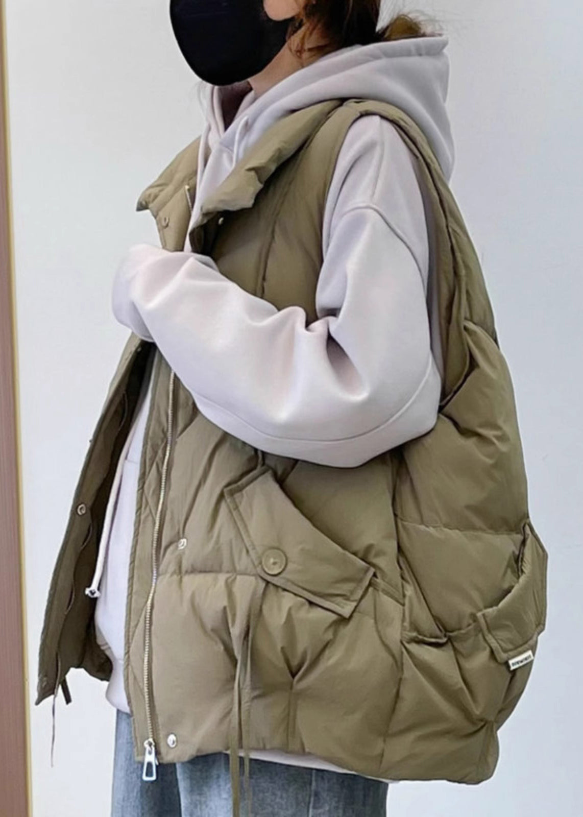 New Khaki Stand Collar Pockets Cotton Filled Waistcoat Spring YW012