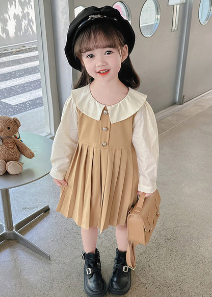 New Khaki Wrinkled False Two Pieces Cotton Girls Long Dress Fall XZ015