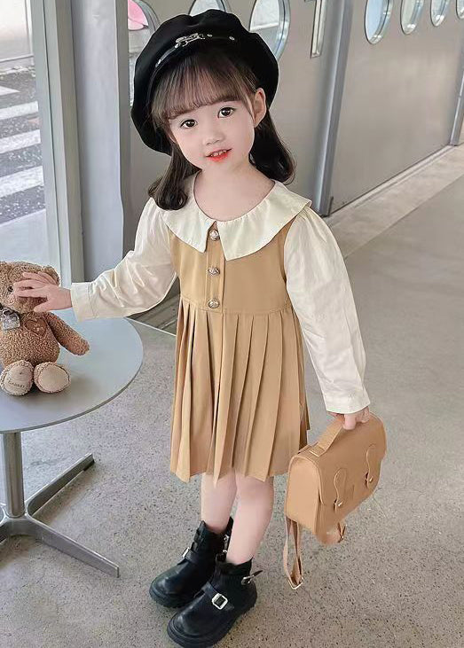New Khaki Wrinkled False Two Pieces Cotton Girls Long Dress Fall XZ015