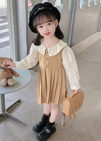 New Khaki Wrinkled False Two Pieces Cotton Girls Long Dress Fall XZ015