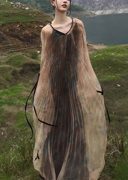 New Khaki Wrinkled Lace Up Tulle Two Pieces Set Long Sleeve XX088