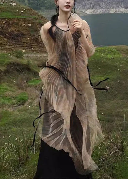 New Khaki Wrinkled Lace Up Tulle Two Pieces Set Long Sleeve XX088