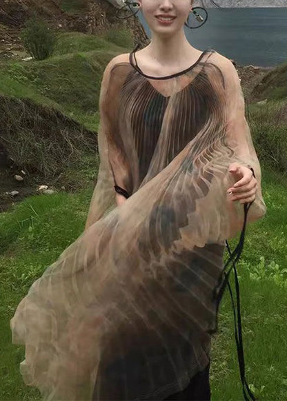 New Khaki Wrinkled Lace Up Tulle Two Pieces Set Long Sleeve XX088