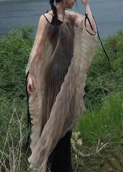 New Khaki Wrinkled Lace Up Tulle Two Pieces Set Long Sleeve XX088