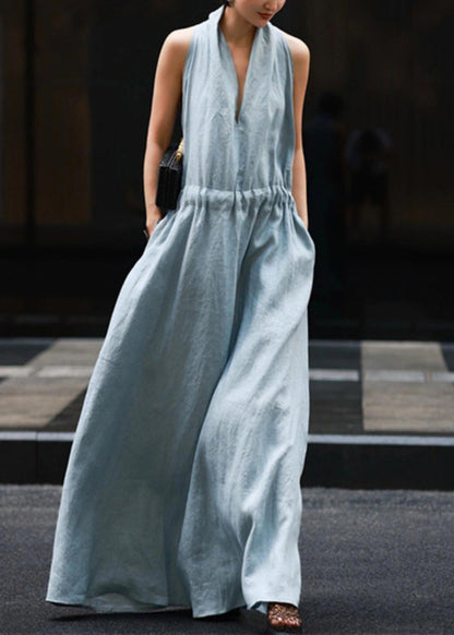 Solid Blue Tie Waist Robe Light Linen Pockets Dresses New