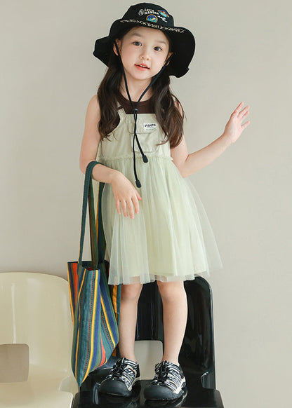 New Light Green Ruffled Tulle Patchwork Girls Mid Dress Sleeveless TT023