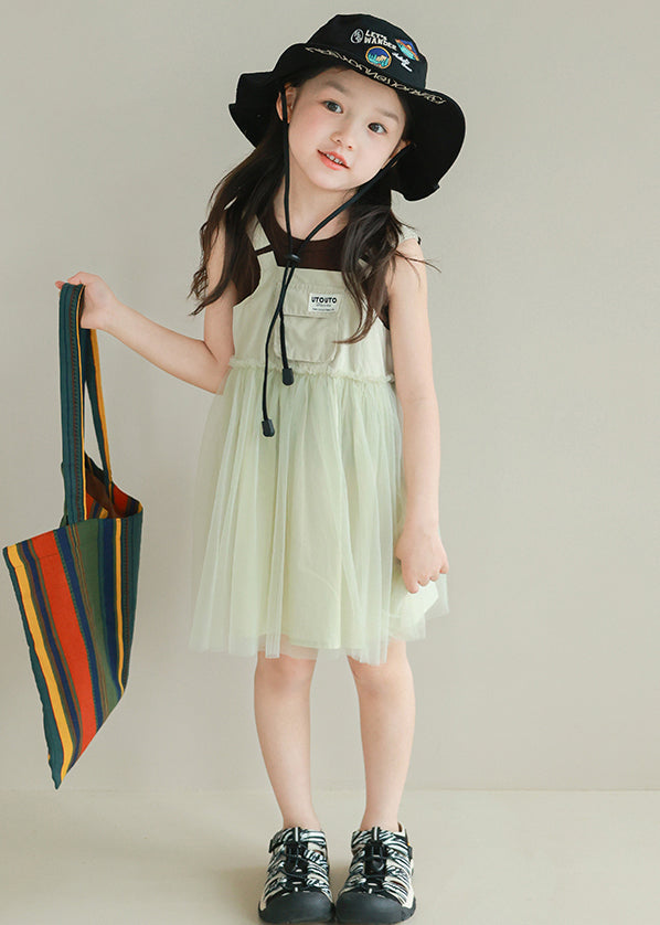 New Light Green Ruffled Tulle Patchwork Girls Mid Dress Sleeveless TT023