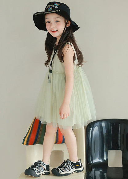New Light Green Ruffled Tulle Patchwork Girls Mid Dress Sleeveless TT023