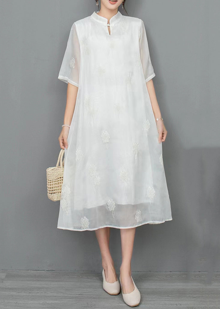 New Light Green Stand Collar Embroidered Linen Dress Half Sleeve JH033