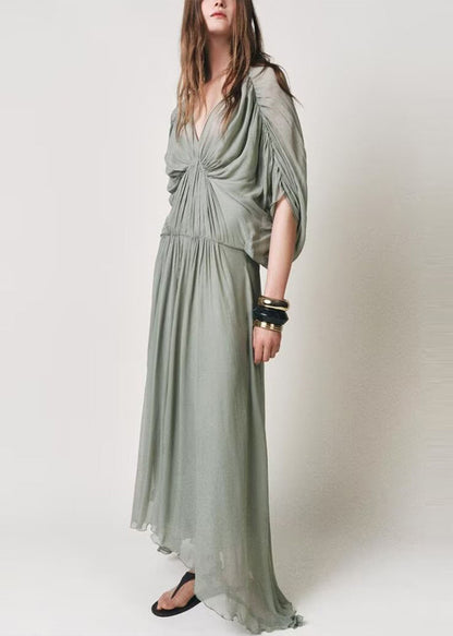 Chiffon Patchwork V Batwing Light Green Wrinkled Dresses Neck New