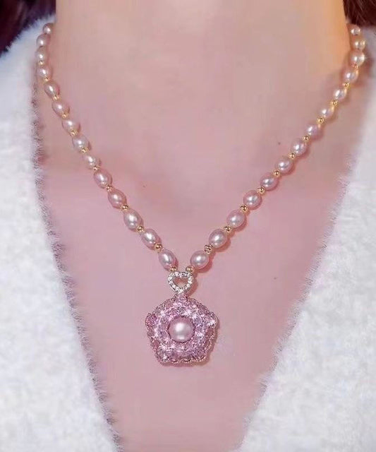 New Light Purple Copper Overgild Zircon Pearl Pendant Necklace YA037