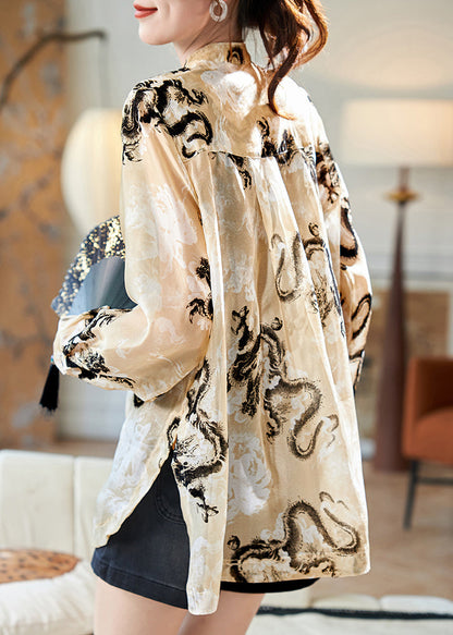 New Light Yellow Stand Collar Button Print Shirt Fall AB1021