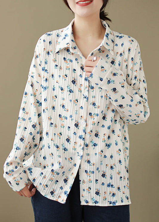 New Loose Beige Peter Pan Collar Print Cotton Shirt Spring TN002