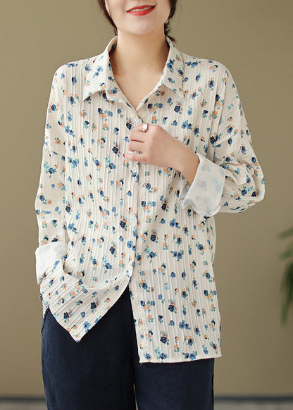 New Loose Beige Peter Pan Collar Print Cotton Shirt Spring TN002