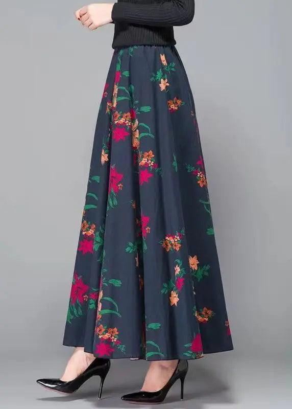 New Navy Print Pockets Patchwork Cotton Skirts Fall Ada Fashion