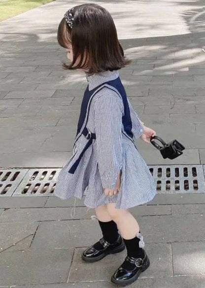New Navy Waistcoat And Striped Dresses Cotton Girls Two Pieces Set Fall XZ079
