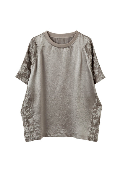 Top Cotton Jacquard Neck New Patchwork O Summer T Shirt