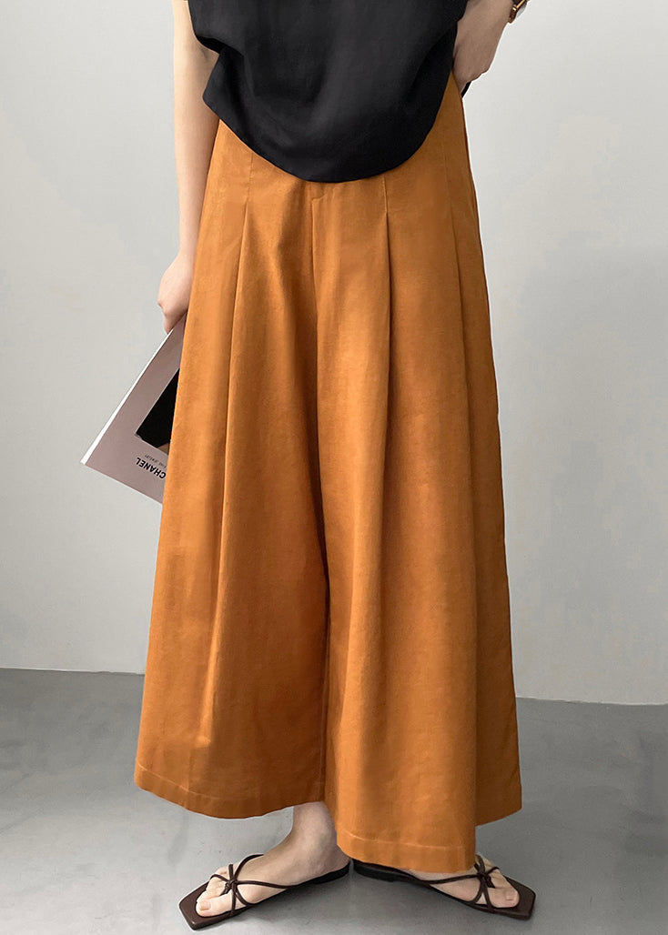 New Orange Pockets Solid Cotton Wide Leg Pants Summer QE045