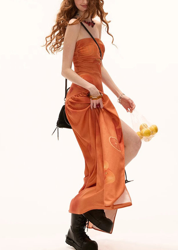 Side Open Maxi Orange Print Cotton Dresses New Wrinkled