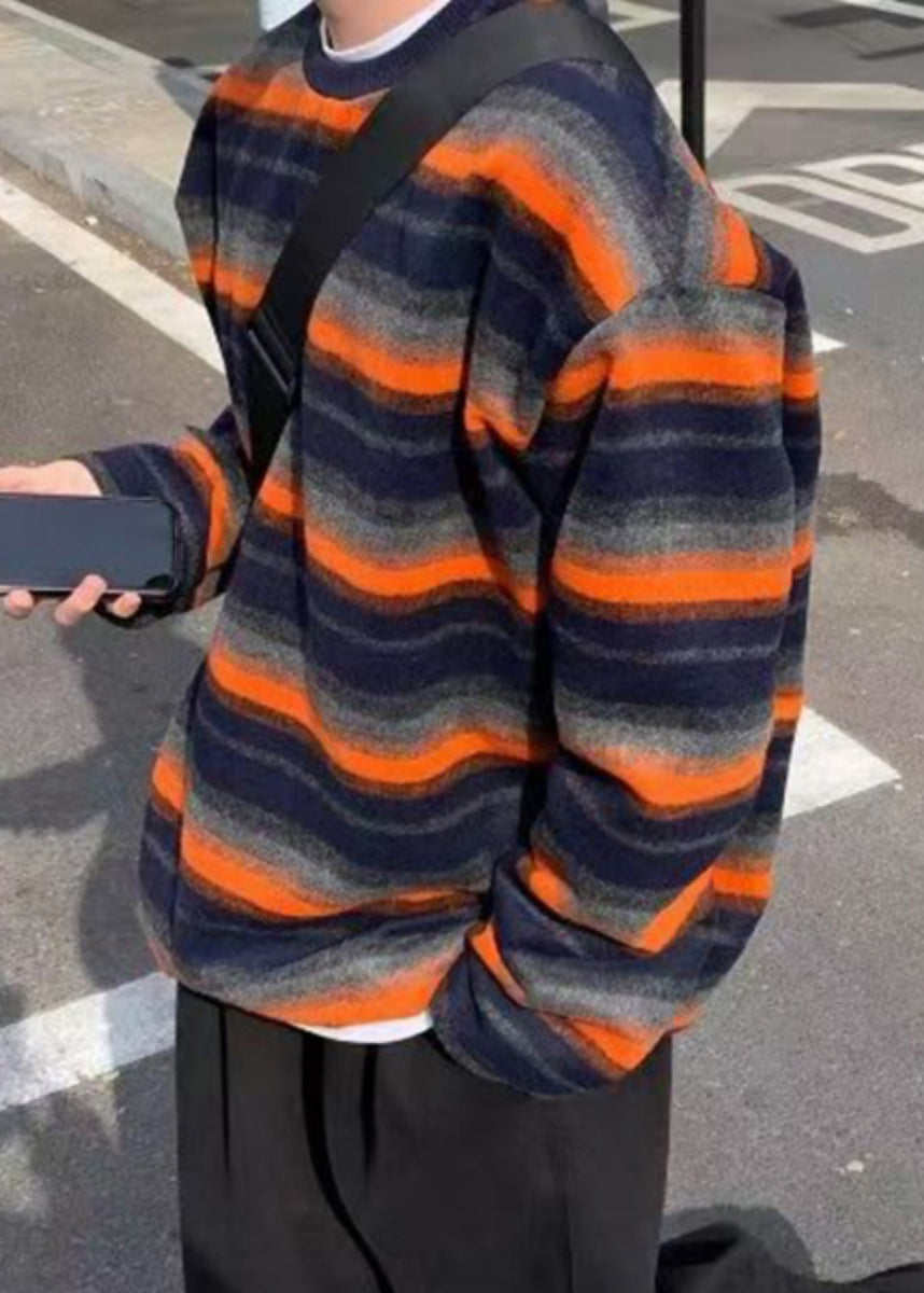 Striped New Shirts T Cotton Spring Men O-Neck Orange