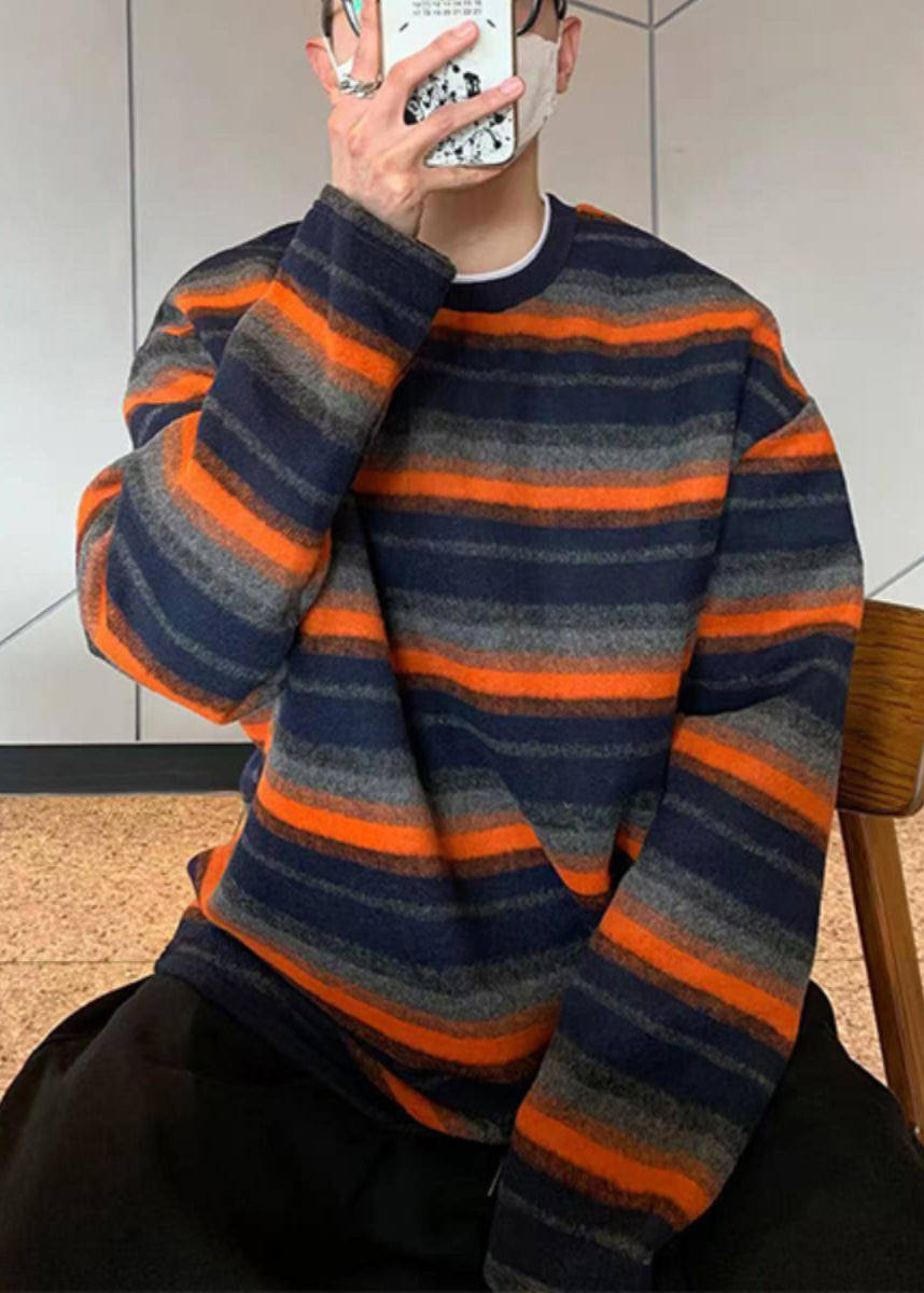 Striped New Shirts T Cotton Spring Men O-Neck Orange