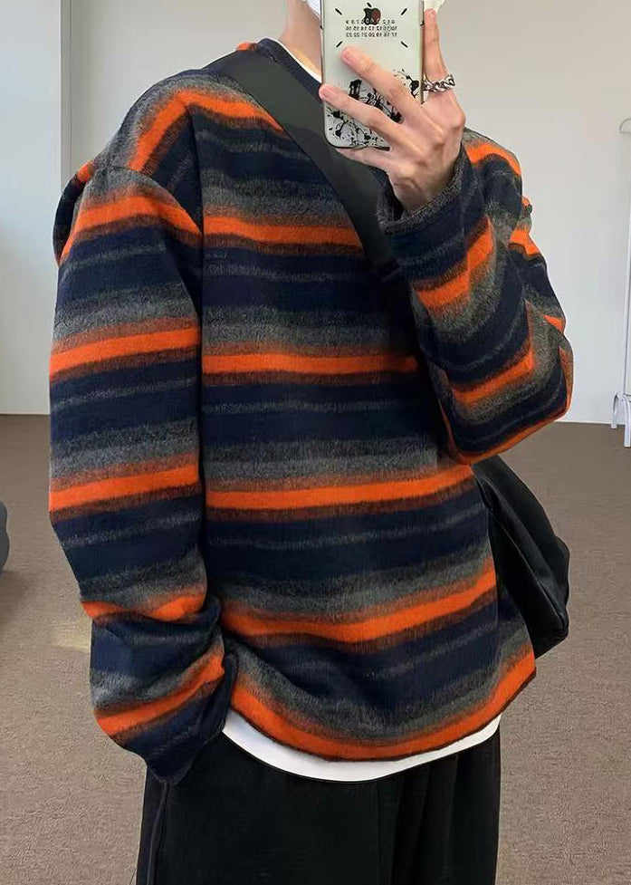 Striped New Shirts T Cotton Spring Men O-Neck Orange