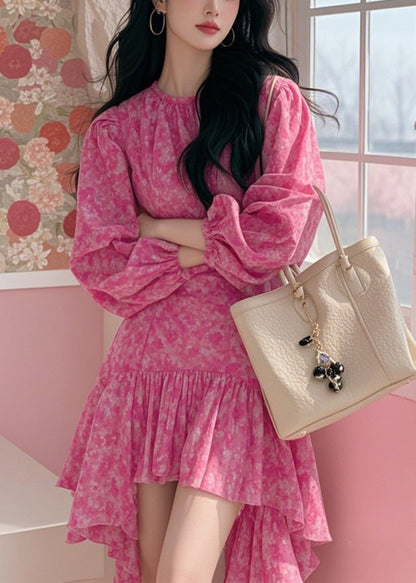 Pink Spring Print Cotton New Dress Asymmetrical Mid