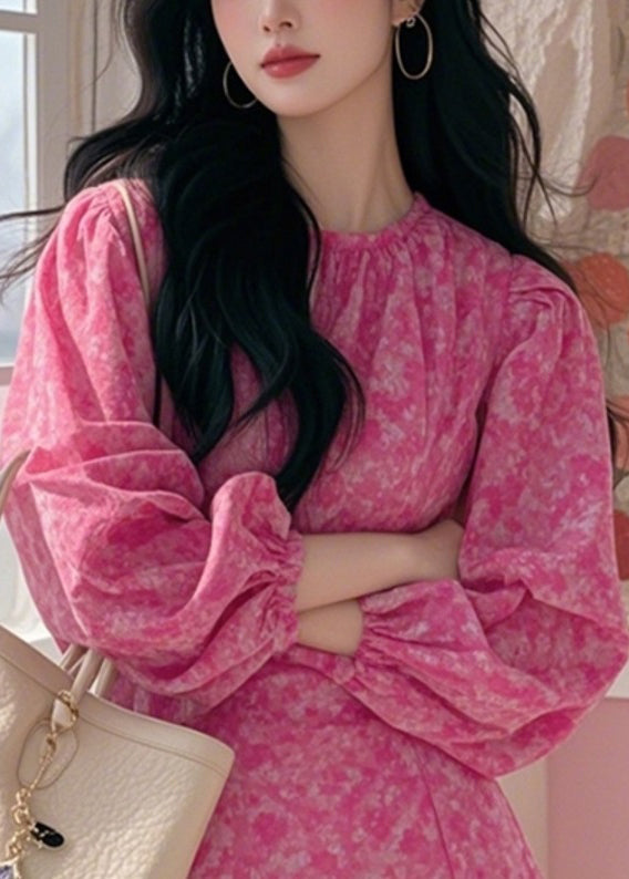 Pink Spring Print Cotton New Dress Asymmetrical Mid