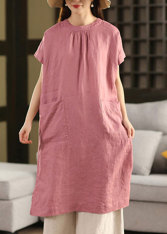 Open Pink Dress Linen Pockets Summer New Button Side