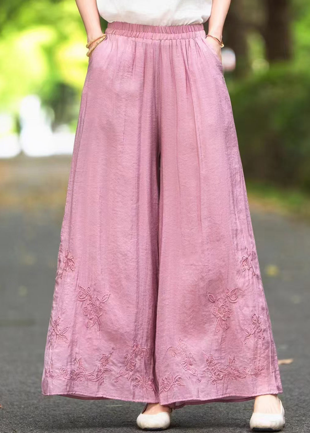 Elastic Silk Summer Pants Embroidered Waist Leg Wide Pink New