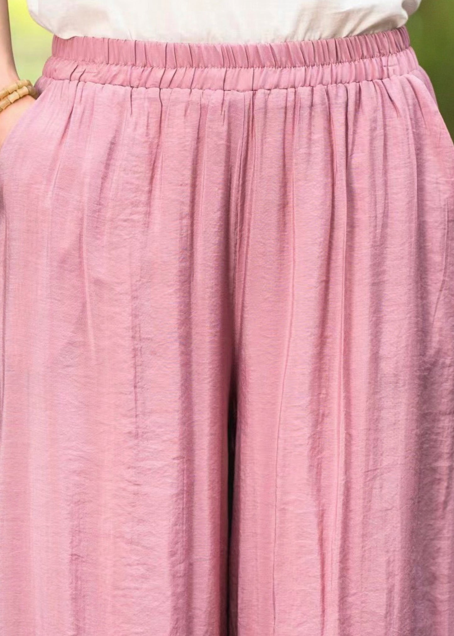 Elastic Silk Summer Pants Embroidered Waist Leg Wide Pink New