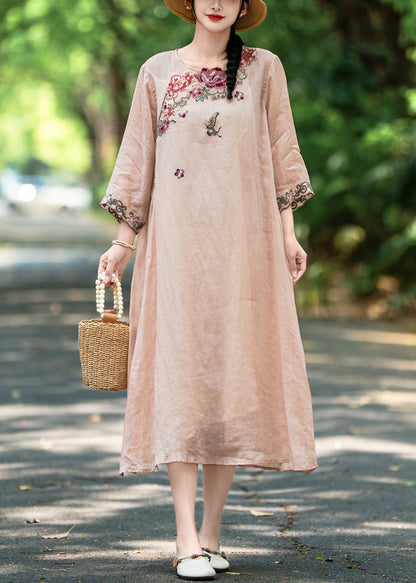 Side New Open Pink Dress Long Linen Fall Embroidered