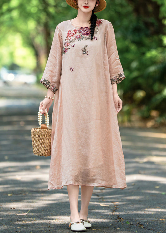 Side New Open Pink Dress Long Linen Fall Embroidered
