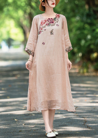 Side New Open Pink Dress Long Linen Fall Embroidered
