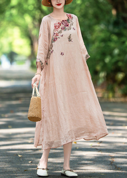 Side New Open Pink Dress Long Linen Fall Embroidered