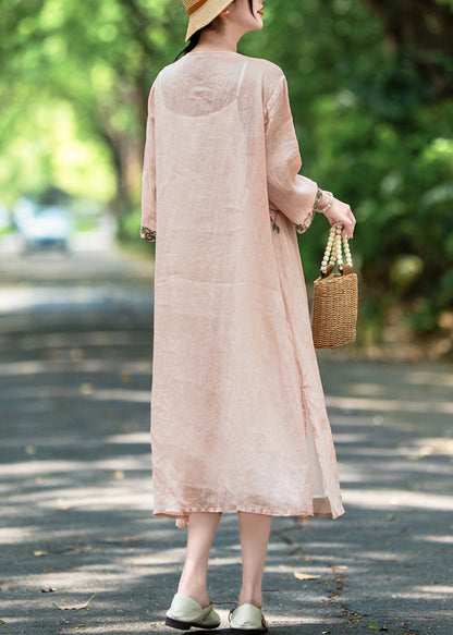 Side New Open Pink Dress Long Linen Fall Embroidered