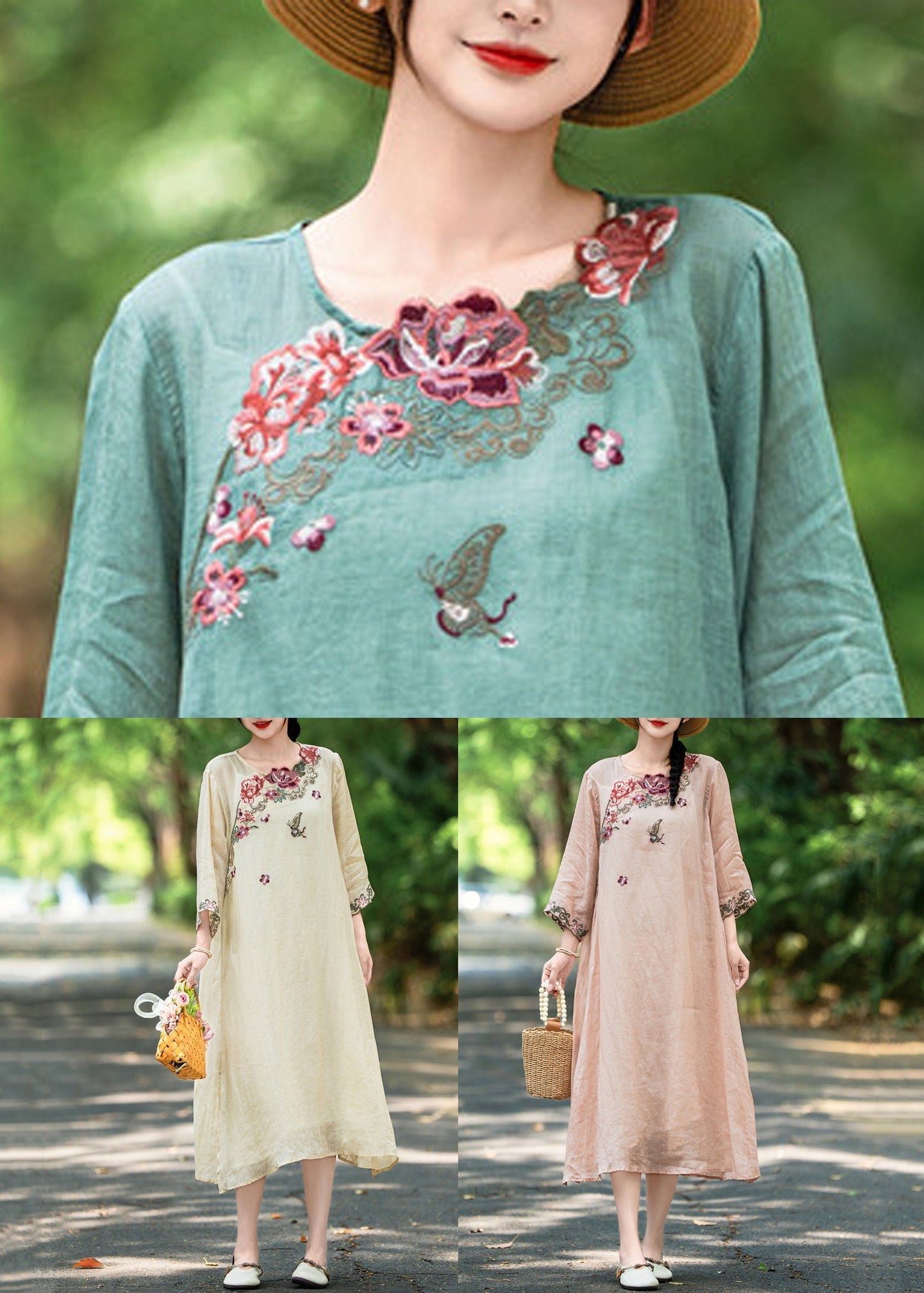 Side New Open Pink Dress Long Linen Fall Embroidered