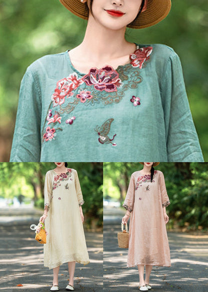 Side New Open Pink Dress Long Linen Fall Embroidered