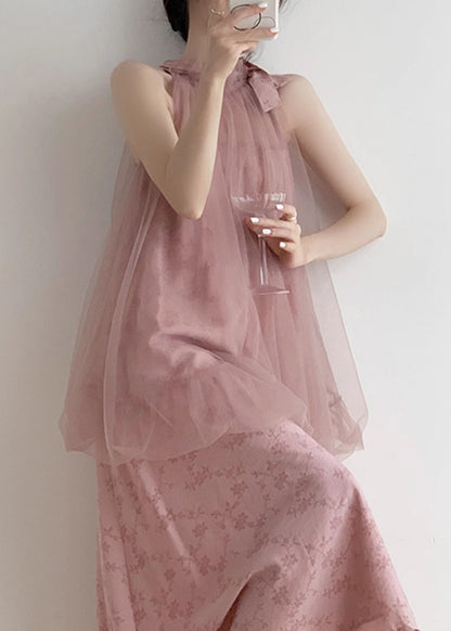 New Pink Halter Design Print Chiffon Dress Sleeveless EE1010