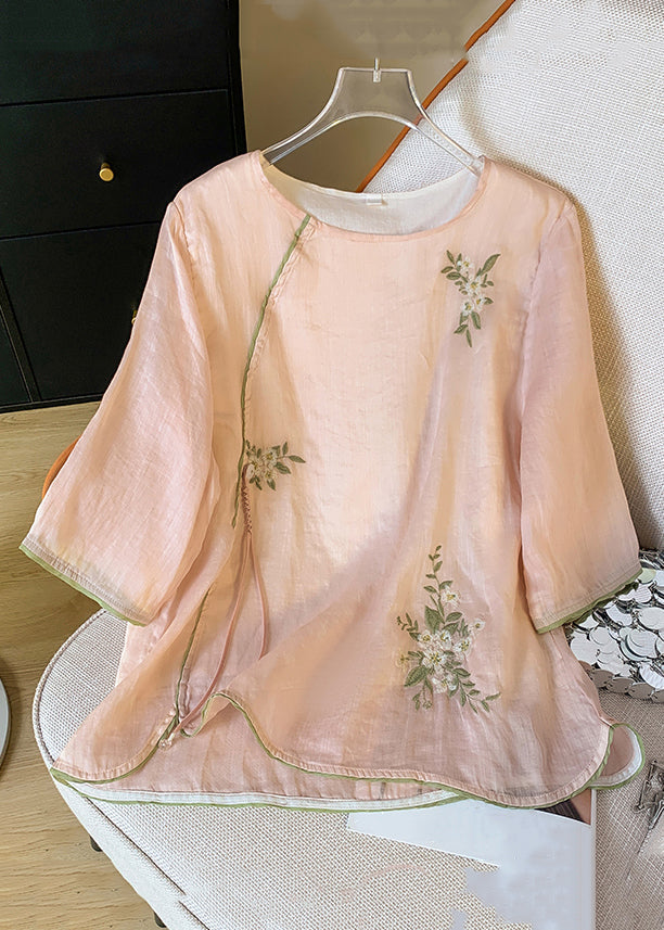 Blouses New O Sleeve Cotton Bracelet Pink Neck Embroidered