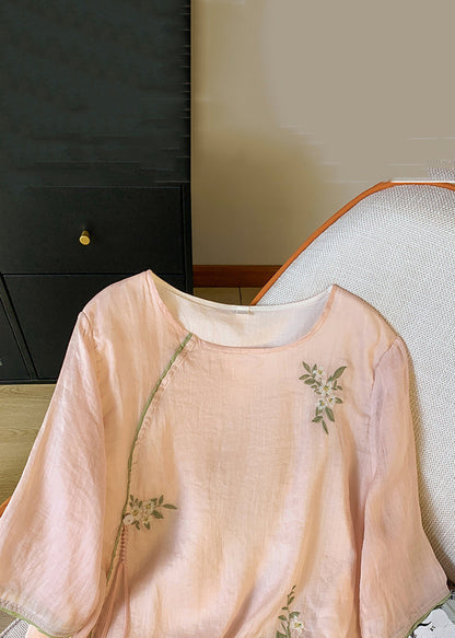 Blouses New O Sleeve Cotton Bracelet Pink Neck Embroidered