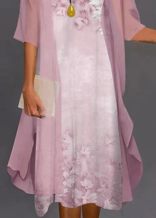 Sleeve Set O-Neck Chiffon Pink New Pieces Two Half Print