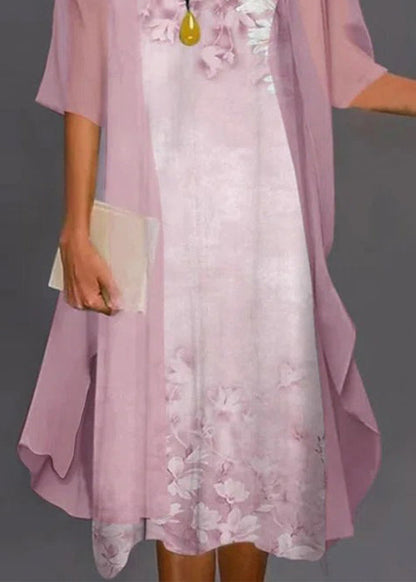 Sleeve Set O-Neck Chiffon Pink New Pieces Two Half Print