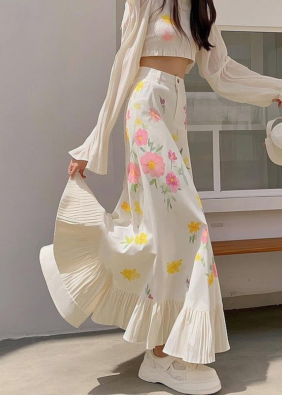 New Pink Print Waist Spring Skirts Cotton High Wrinkled