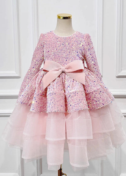 New Pink Sequins Tulle Patchwork Bow Girls Maxi Dresses Spring YG013