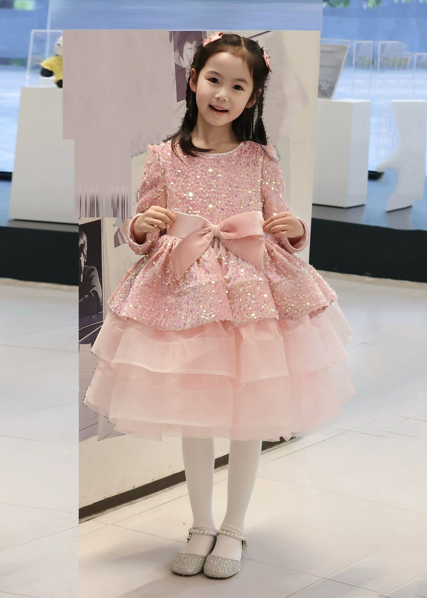 New Pink Sequins Tulle Patchwork Bow Girls Maxi Dresses Spring YG013