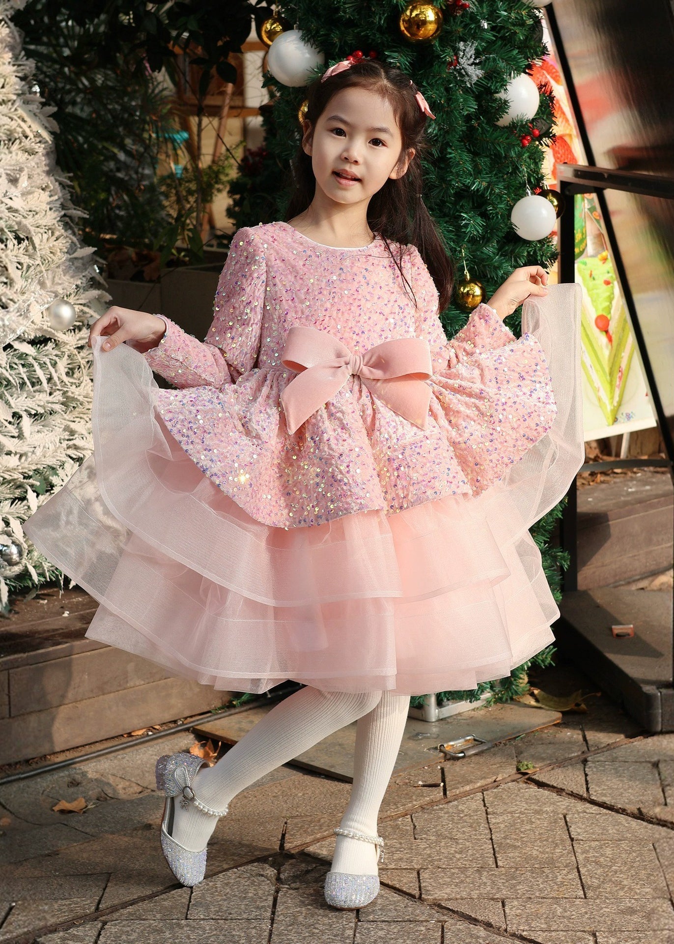 New Pink Sequins Tulle Patchwork Bow Girls Maxi Dresses Spring YG013
