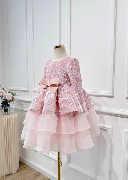 New Pink Sequins Tulle Patchwork Bow Girls Maxi Dresses Spring YG013