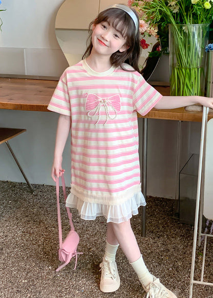 New Pink Striped Ruffled Patchwork Cotton Girls T Shirt Dress Summer EW057