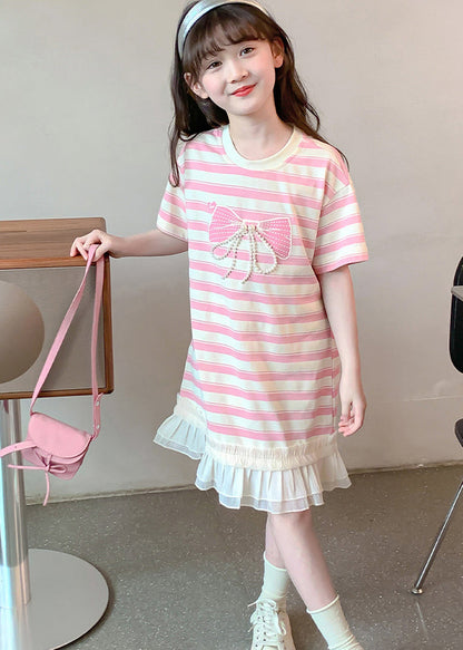 New Pink Striped Ruffled Patchwork Cotton Girls T Shirt Dress Summer EW057